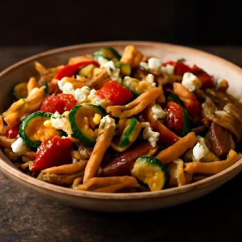 Salade de pâtes aux légumes rôtis et feta