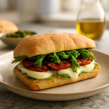 Sandwich au fromage fondu à l'italienne : mozzarella, pesto et tomates séchées