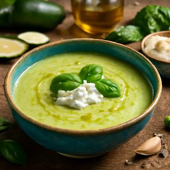 Velouté glacé de courgettes, chèvre frais et basilic