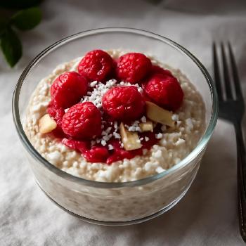 Bol de céréales crémeux sans lactose avec sauce aux framboises et noix de coco