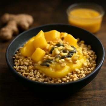 Bol de céréales tropical sans lactose avec sauce à la mangue et au gingembre