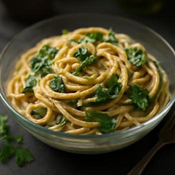 Pâtes Crémeuses Véganes à la Levure Nutritionnelle, Noix de Cajou et Épinards