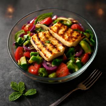 Salade Grecque Revisitee avec Halloumi Grillé et Vinaigrette à l'Huile d'Olive