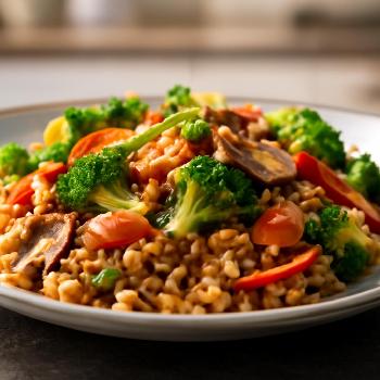 Sauté de Riz Brun aux Légumes Croquants et Sauce Sésame-Gingembre