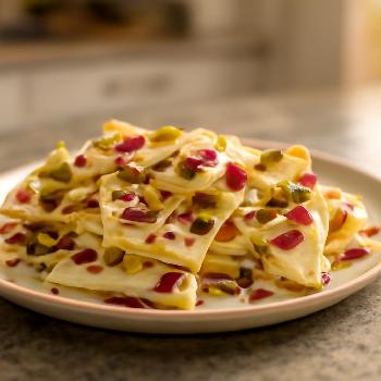 Écorce de Chocolat Blanc aux Pistaches et Rose