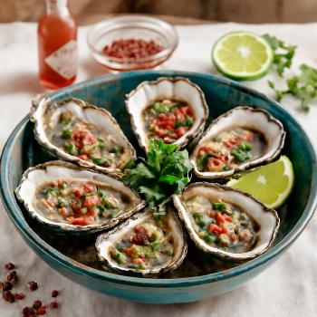 Huîtres sur demi-coquille avec mignonnette de poivre rose et citron vert