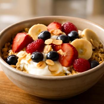 Céréales Simples avec Fruits Frais, Miel et Yaourt Grec