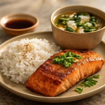 Petit déjeuner japonais traditionnel : Riz, soupe miso et saumon grillé