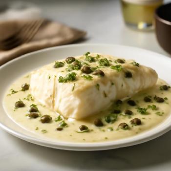 Flétan poché sauce crémeuse aux câpres