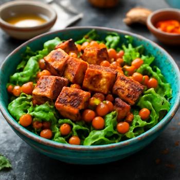 Bar à Salade Protéiné Végétarien: Tofu Grillé et Pois Chiches Rôtis