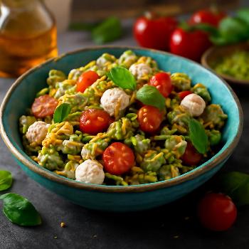 Salade de Pâtes au Pesto, Mozzarella et Tomates Cerises