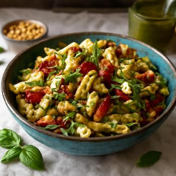 Salade de Pâtes Crémeuse au Pesto, Tomates Séchées et Mozzarella