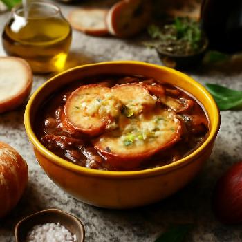 Soupe à l'oignon caramélisée au vin rouge et bouillon de boeuf