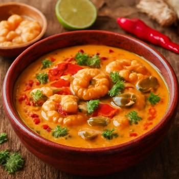 Soupe Épaisse aux Crevettes et Coco avec Curry Rouge